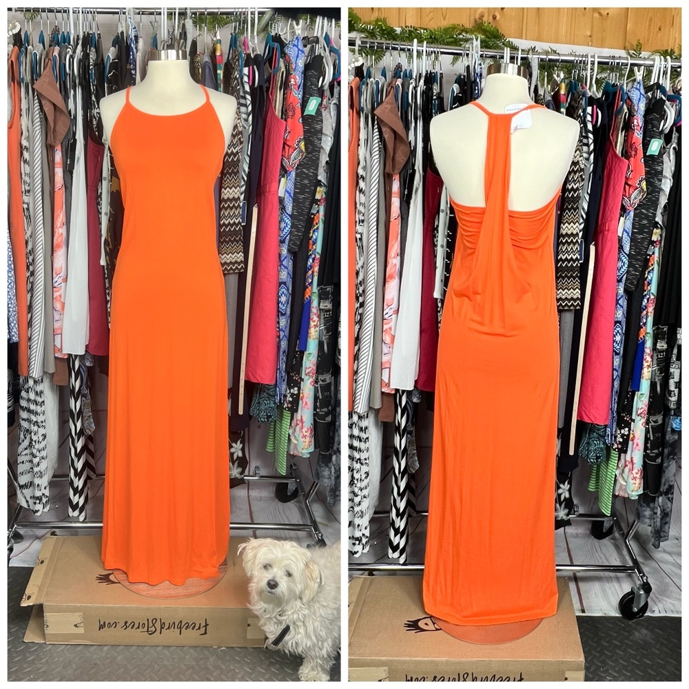 👗NWT🤩 |•FABLETICS•| Orange Maxi Full Length Draped Back Dress Size XS